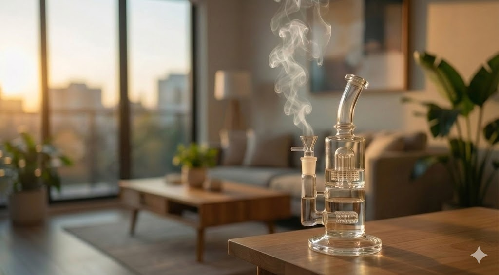 Premium glass bong displayed in a warm interior