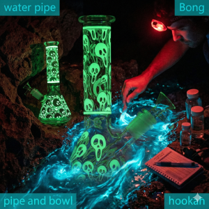 8in Glass Bong Hookah Water Pipe Smoking Beaker Bubbler Glow In Dark Bongs 14mm